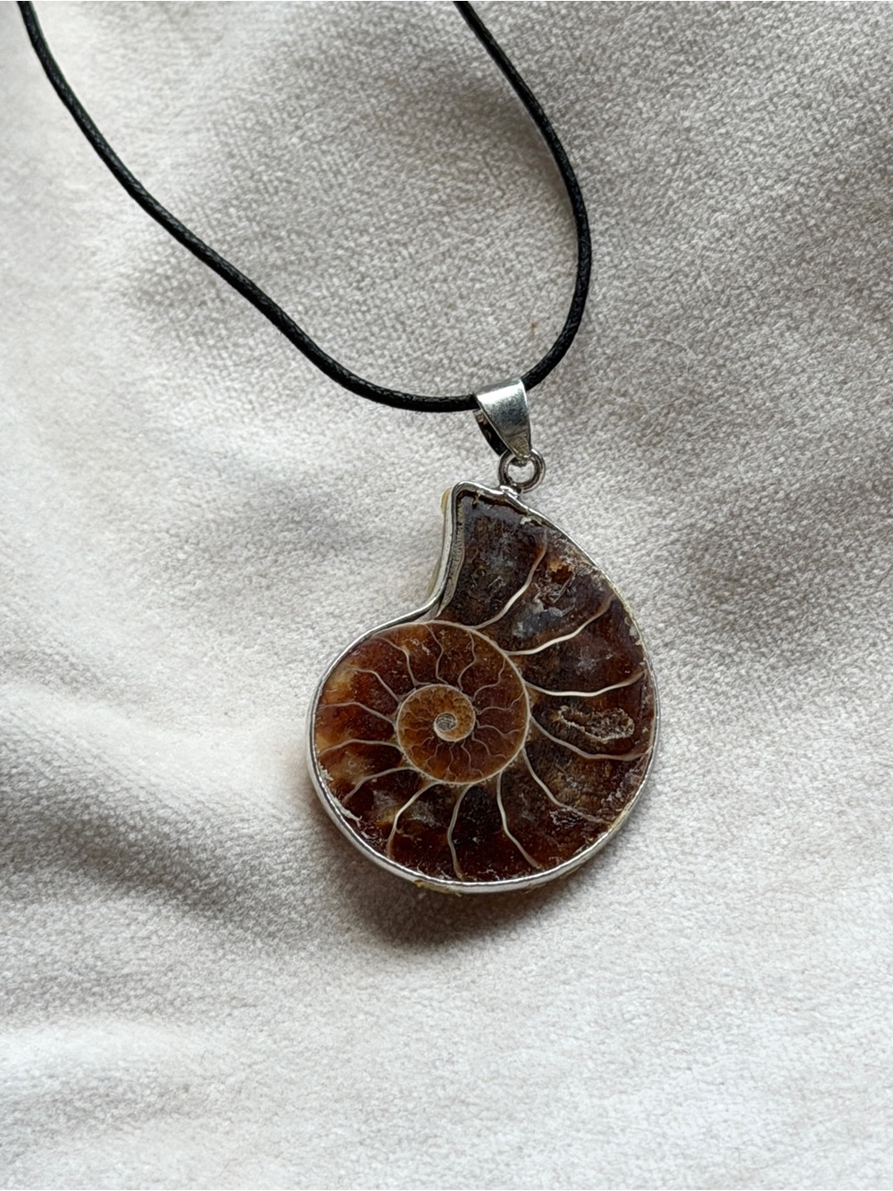 Hand Crafted Brown Fossile Ammonite Spiral Pendant Necklace
